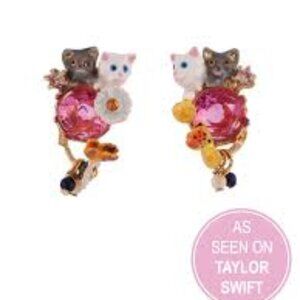 Les Nereides Little Cats Duo with Faceted Glass and Charms Stud Earrings
